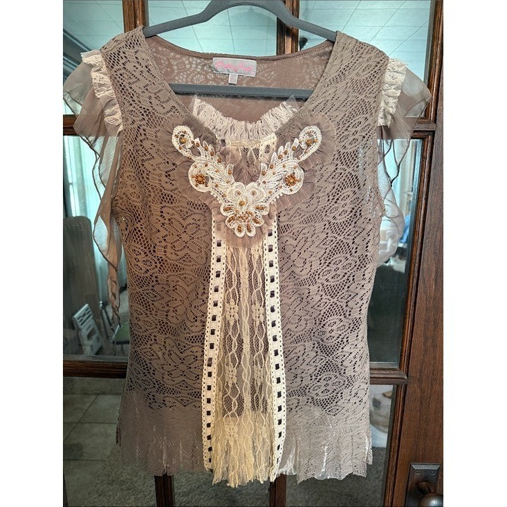 Pretty Angel Taupe Lace Beaded Boho Flutter Sleeve Top Large Womens Romantic
