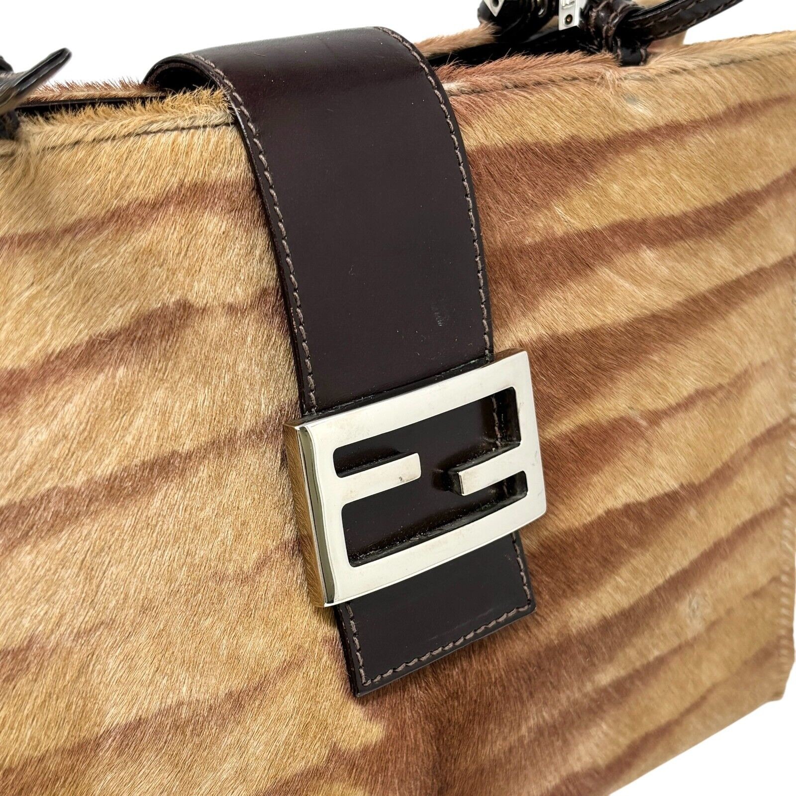 FENDI Vintage FF Logo Shoulder Bag Tote Bag Brown Silver Calf Hair Leather