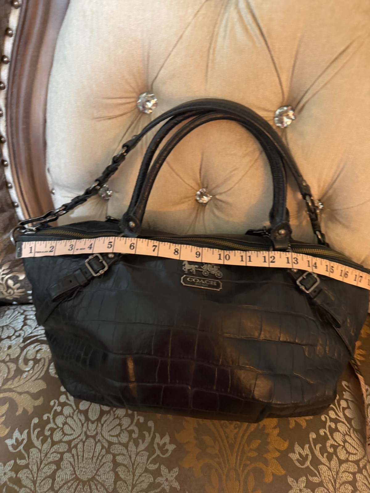 Coach Madison Sophia Croc Charcoal Leather Large Satchel Antique Black Handbag