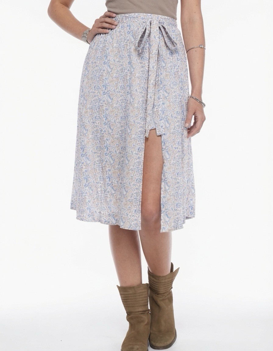 Free People Love Train Midi Wrap Skirt in Cream/blue Floral