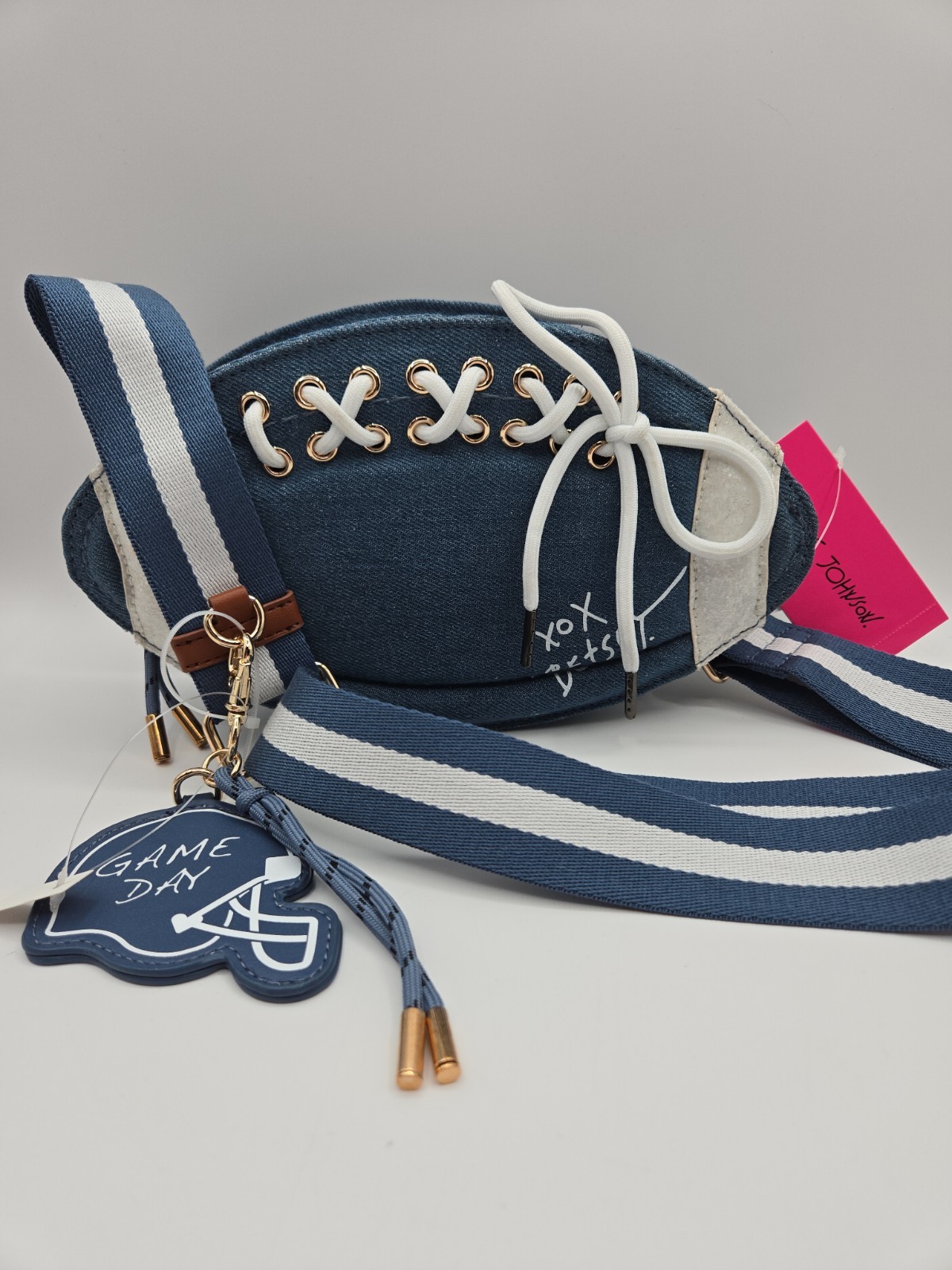 BETSEY JOHNSON Denim Football With Laces Crossbody Bag NWT Helmet Bag Charm