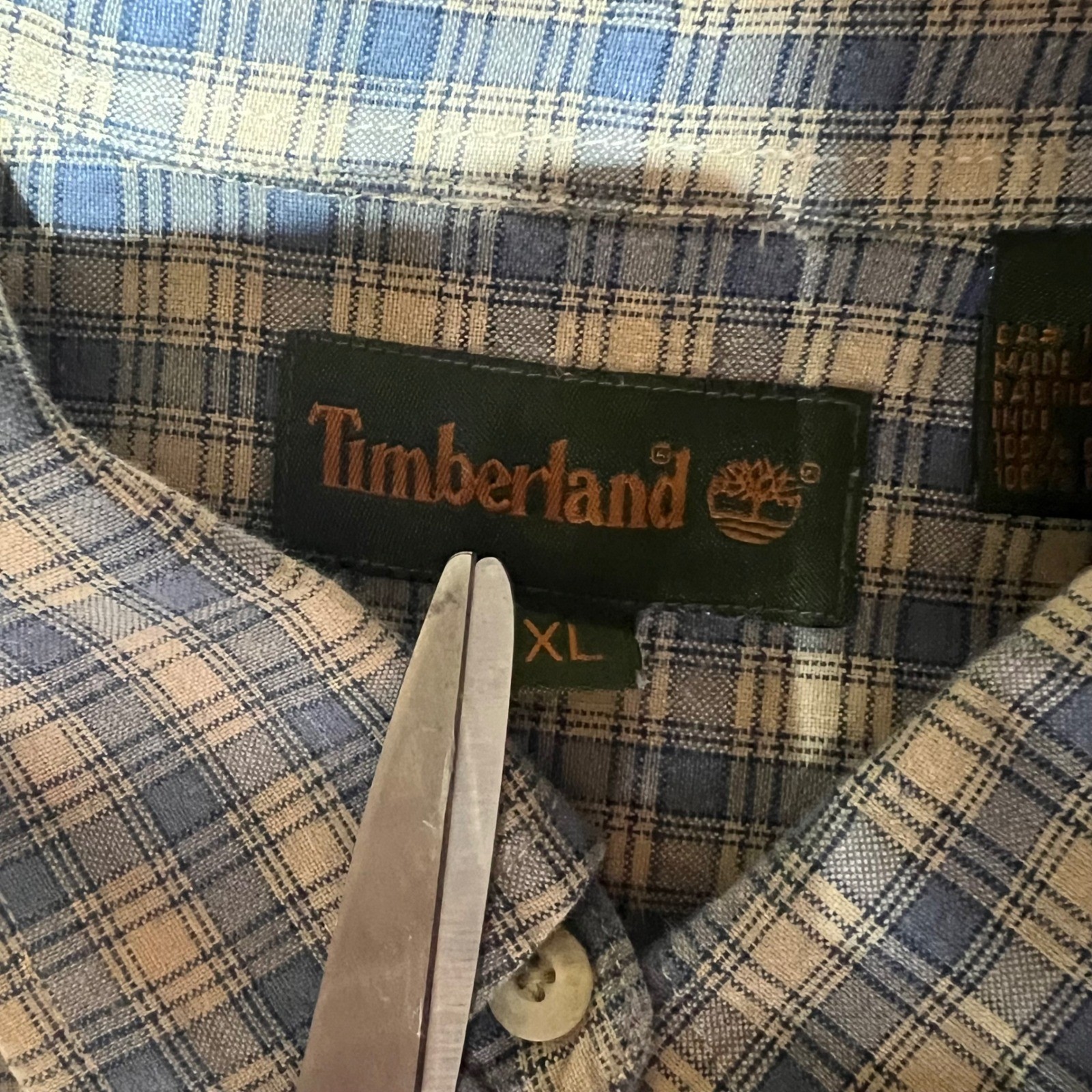 Timberland Mens XL Short Sleeve Button Down Shirt Blue Plaid Cotton Casual Logo