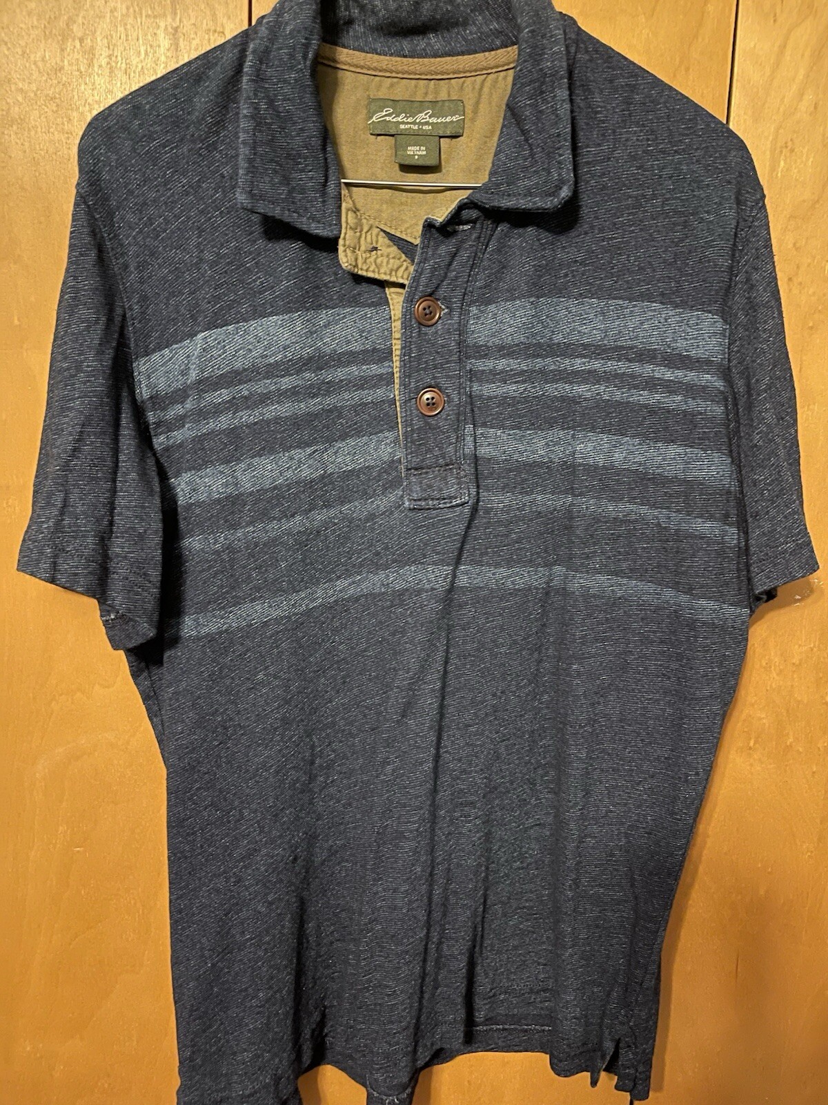 EDDIE BAUER CLASSIC LEGEND COTTON NAVY BLUE STRIPED POLO MEN SIZE SMALL EUC