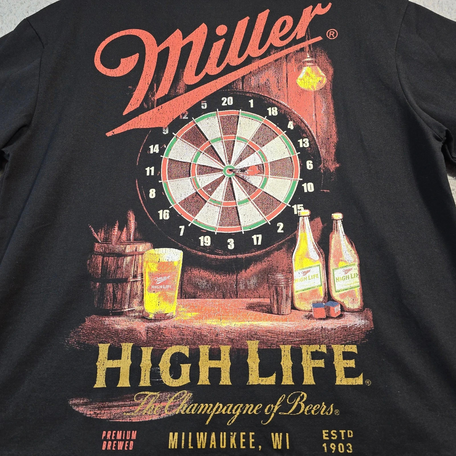 MILLER HIGH LIFE Beer Shirt Mens Large Black Distressed Hunting Casual tee NWT B