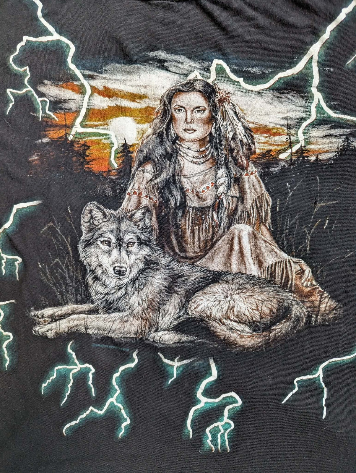 Vintage 90s American Thunder Lighting Wolf Biker T Shirt Men’s XL Black AOP USA