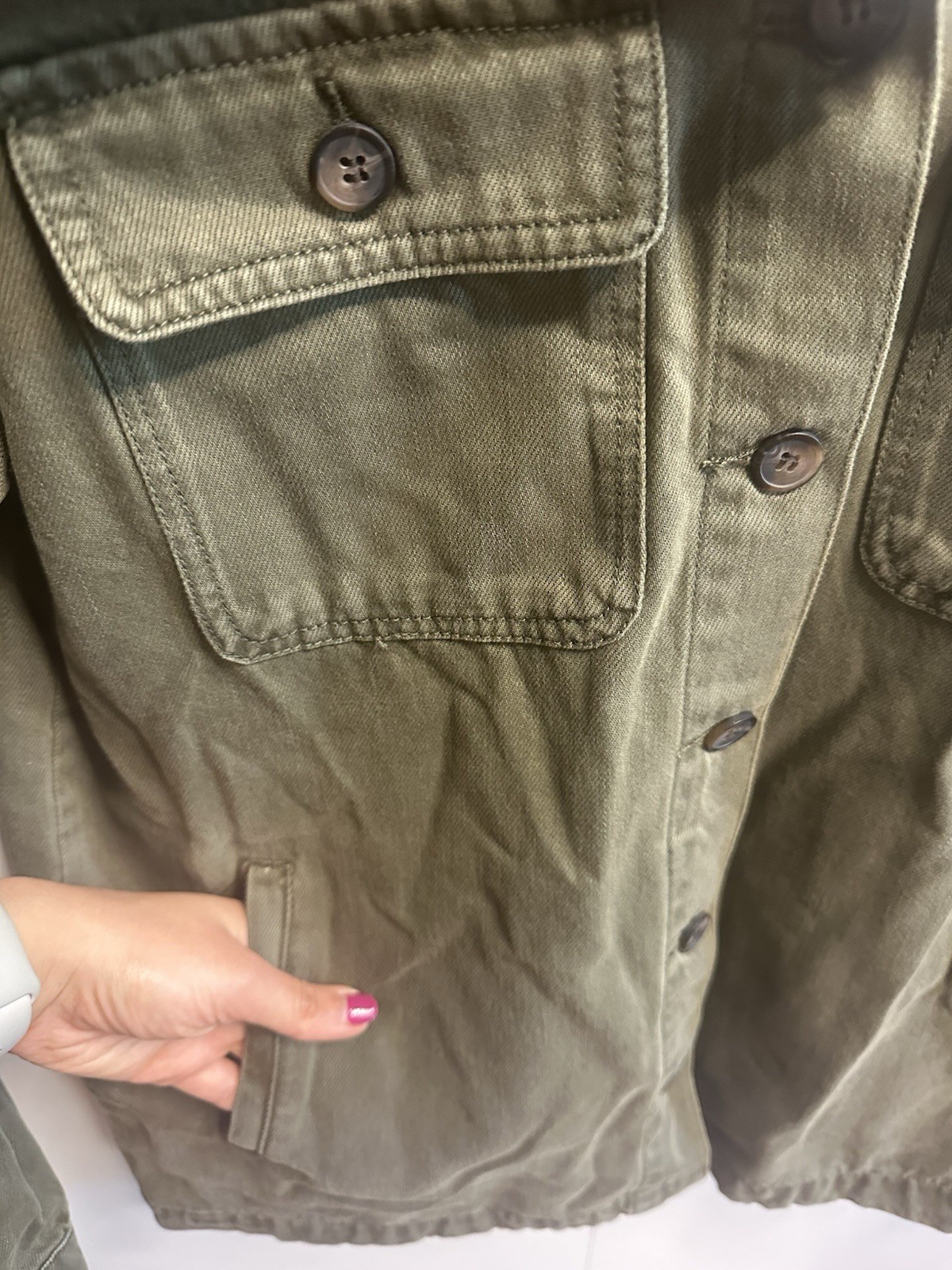 Dear John Olive Animal Print Collar Button Jacket XS Women, Pockets