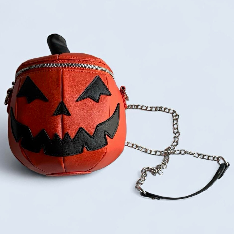 Halloween Jack-o’-lantern Round Small Crossbody Bag Zip Chain Strap Orange/Black