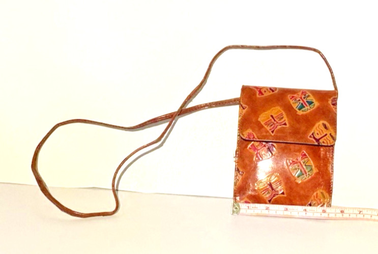 Laurel Burch Brown CAT Design Crossbody Tooled Leather Purse 8×5 inches
