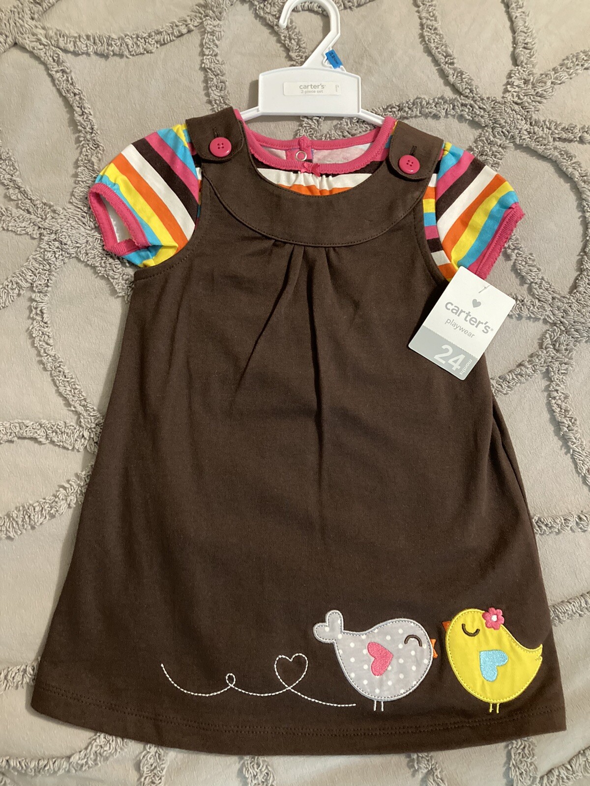 NWT Carter’s 24M girls Infant Brown Jumper Set birds applique Rainbow Bodysuit