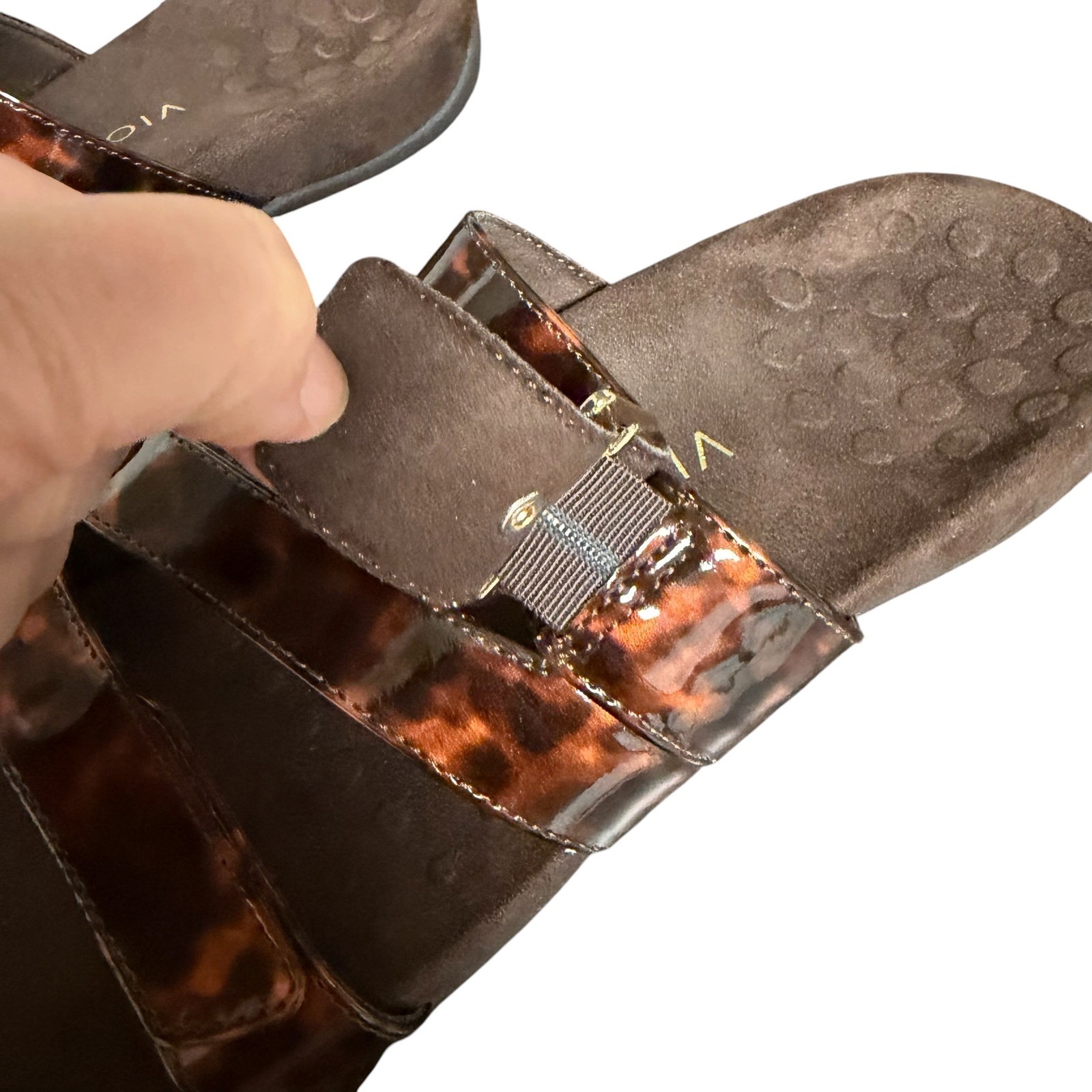 Vionic Skylar Tortoise Shell Patent Adjustable Slide Sandals Brown Gold Buckle