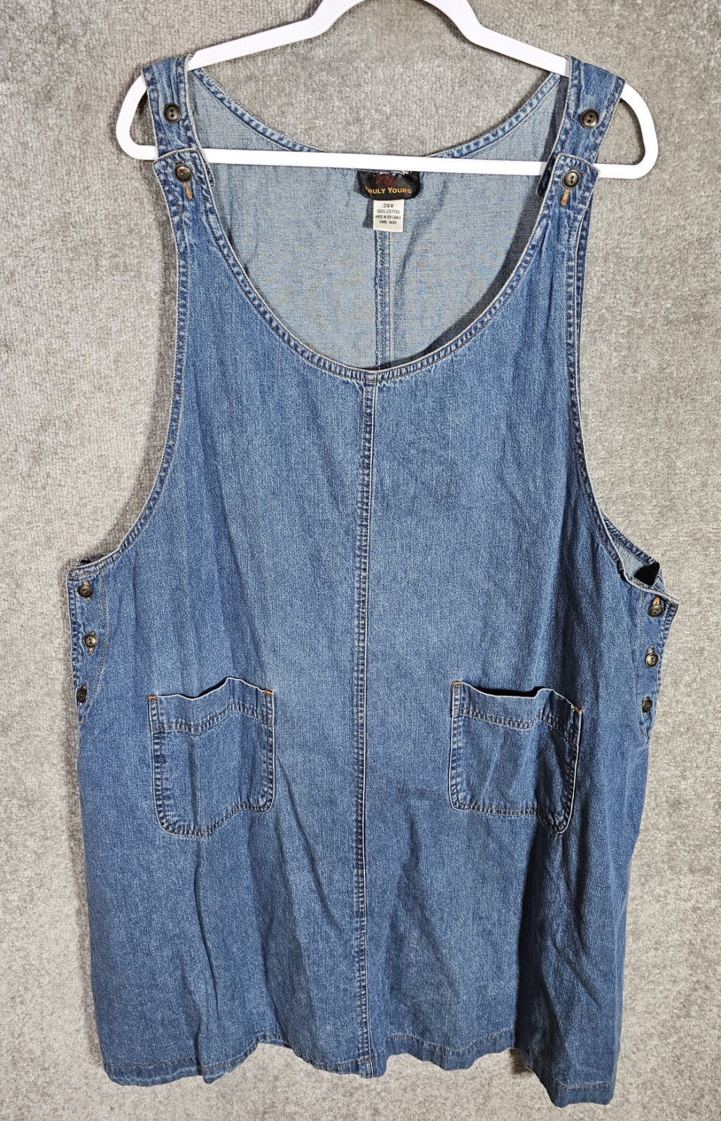 Vintage Truly Yours Denim Jumper Dress Womens Size 24W Blue Pockets Scoop Neck