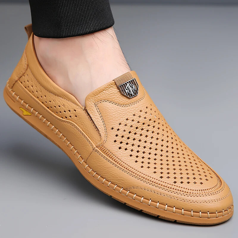 Men’s Casual Breathable Loafer Genuine Leather Moccasin Hollow Out Driving Shoes