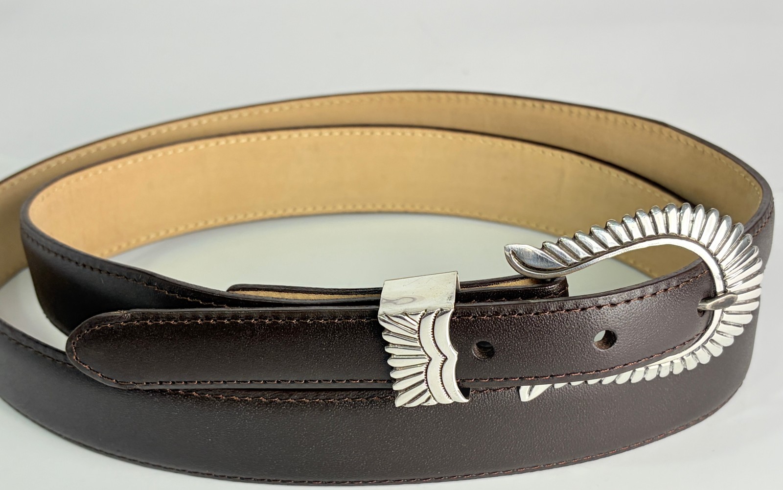 Jim Yazzie Sterling Silver .925 Headdress Ranger Belt Buckle 40 Genuine Leather