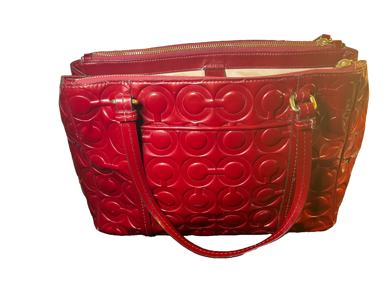 Coach Red Signature Embossed Patent Leather Tote Shoulder Bag Gold Hardware