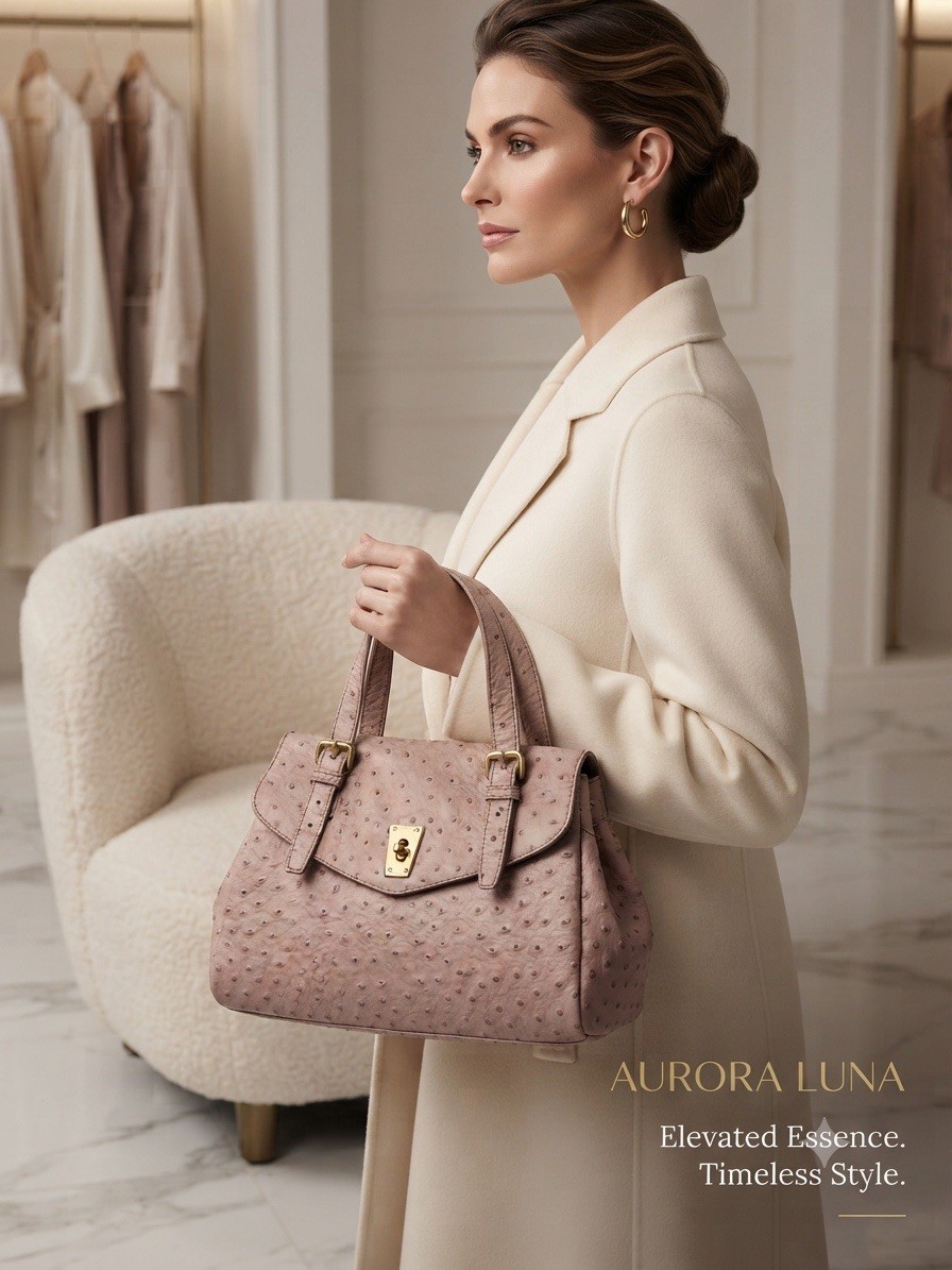 Beige Ostrich Embossed Satchel Top Handle Bag, Zip/Push Lock, Strap, Gold