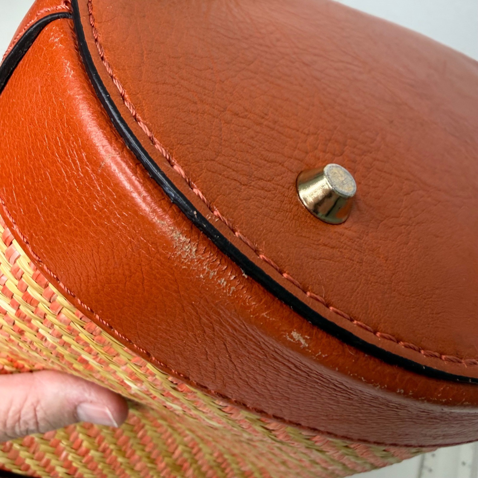 Divina Firenze Bucket Bag Womens Orange Woven Straw Leather Italian Boho Small