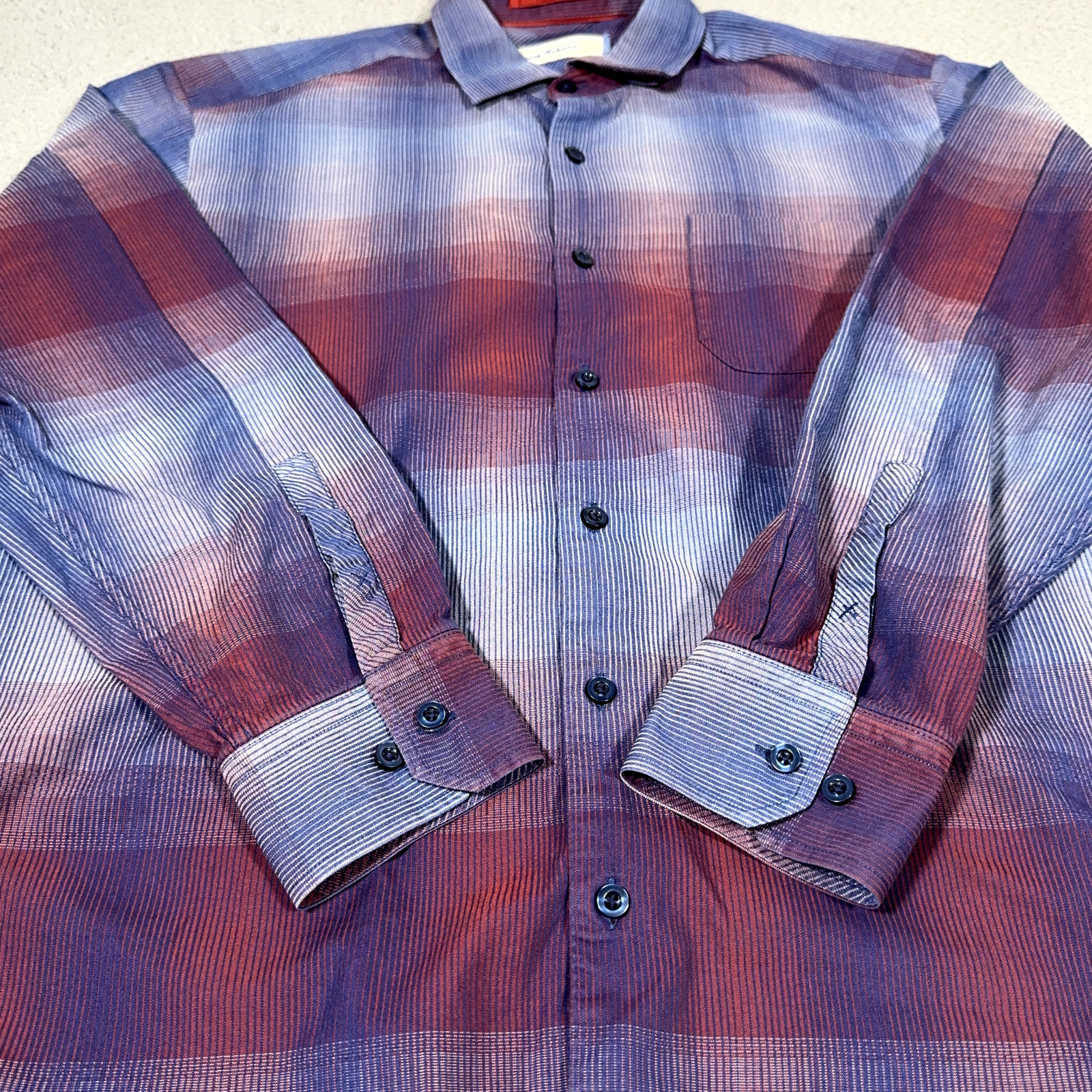 Tommy Bahama Shirt men Large Red Blue purple Ombre Cotton Silk blend Button down