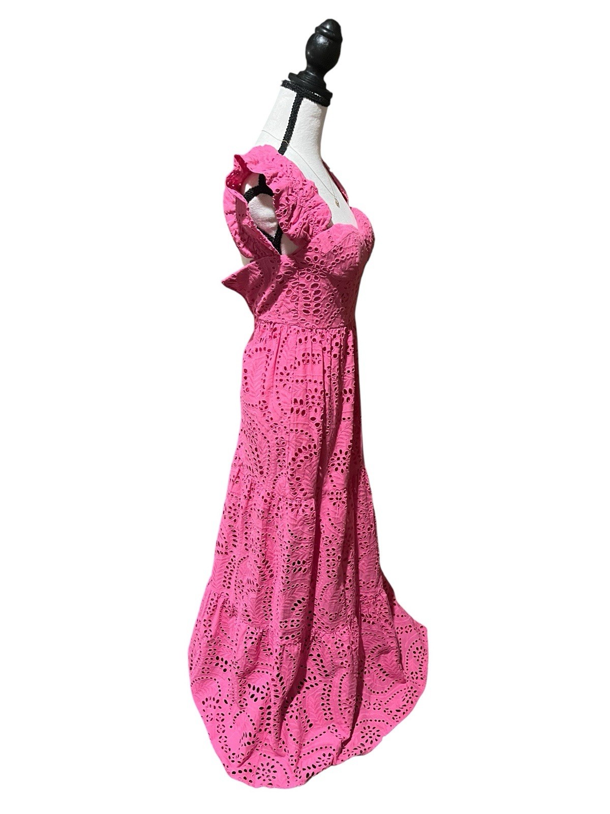 Seni & Cade Women’s XS Pink Eyelet Cotton Maxi Dress Sweetheart Neck Tiered NWT
