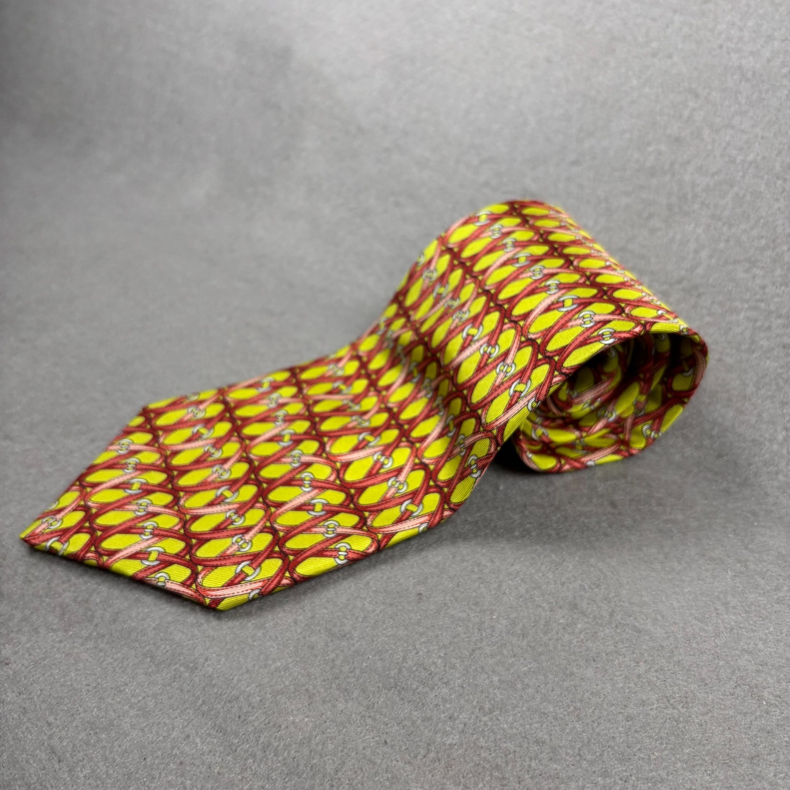 Lancel Paris Horsebit Chain Print Silk Tie Made France NWT Equestrian 3.25″