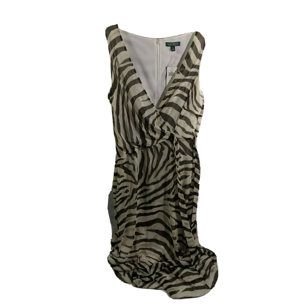 LAUREN Ralph Lauren Dress Womens Size 14 Silk Polyester lined Zebra Print NEW