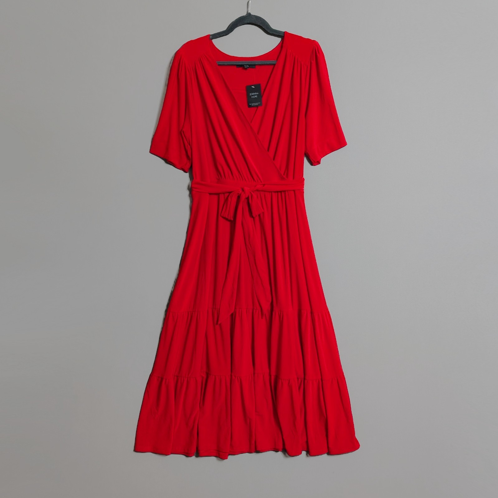 Joanna Hope Red Jersey Faux Wrap Tiered Midaxi Dress Tie Belt Stretchy 18 New