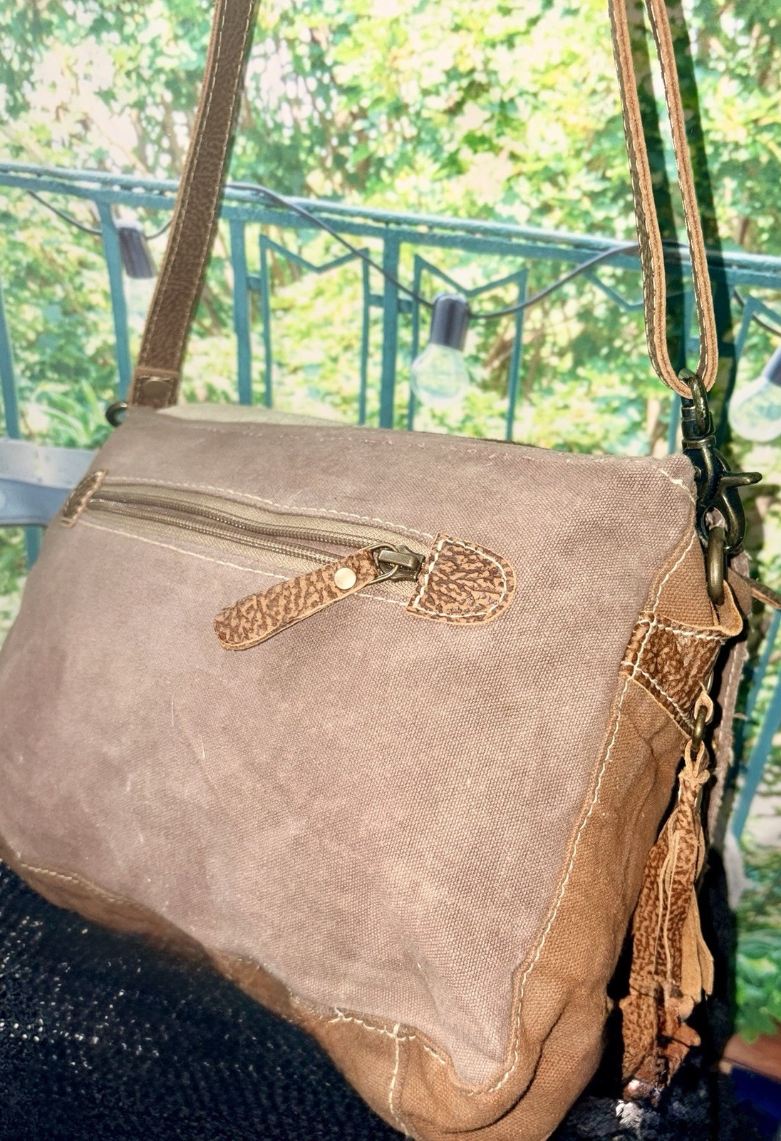 Myra Bag Western Chevron Cowhide Crossbody Medium Zip Detachable Strap Bronze
