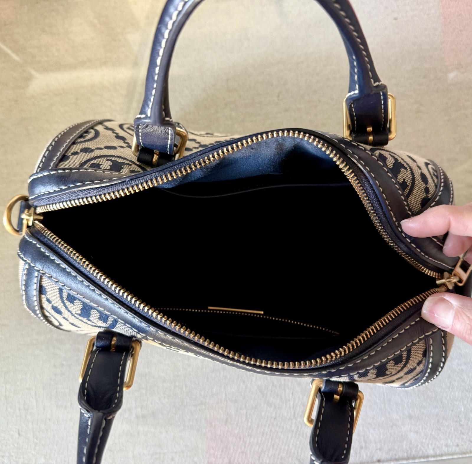 Tory Burch Monogram Navy Jacquard Barrel Handbag