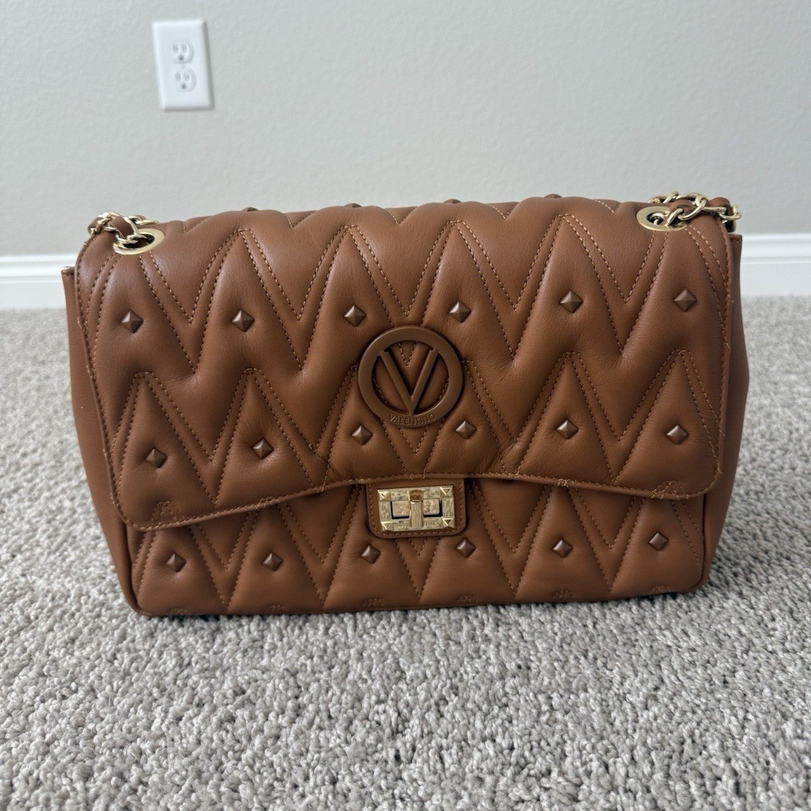 Valentino Brown Quilted VLogo Medium Shoulder Bag Gold Chain Strap Turn Lock
