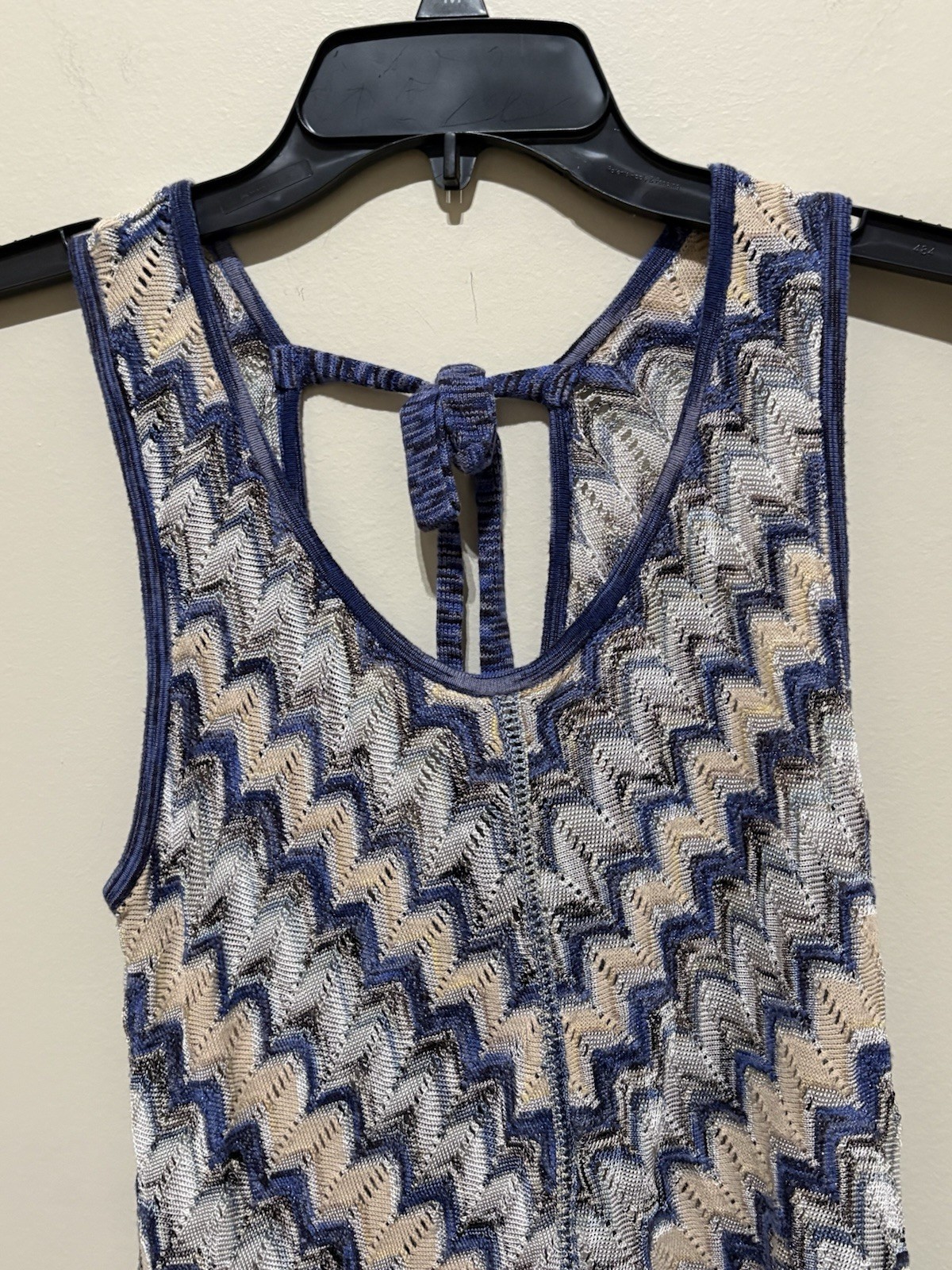 WHBM Crochet Tank M Blue Tan Chevron Halter Boho Beach Lightweight Top