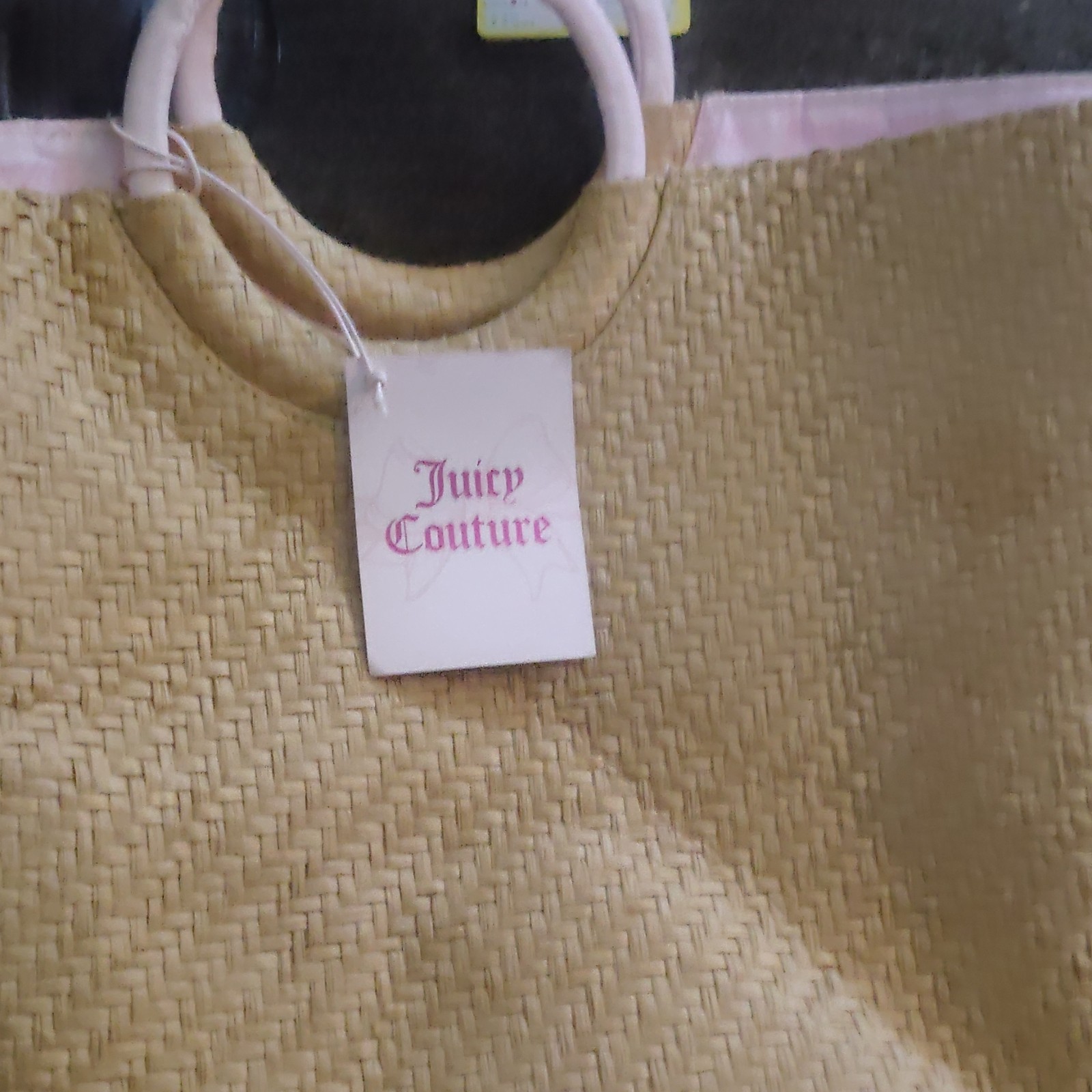 Juicy Couture Women’s Beach Tote Beige Woven Pattern Pink Top Handles Logo