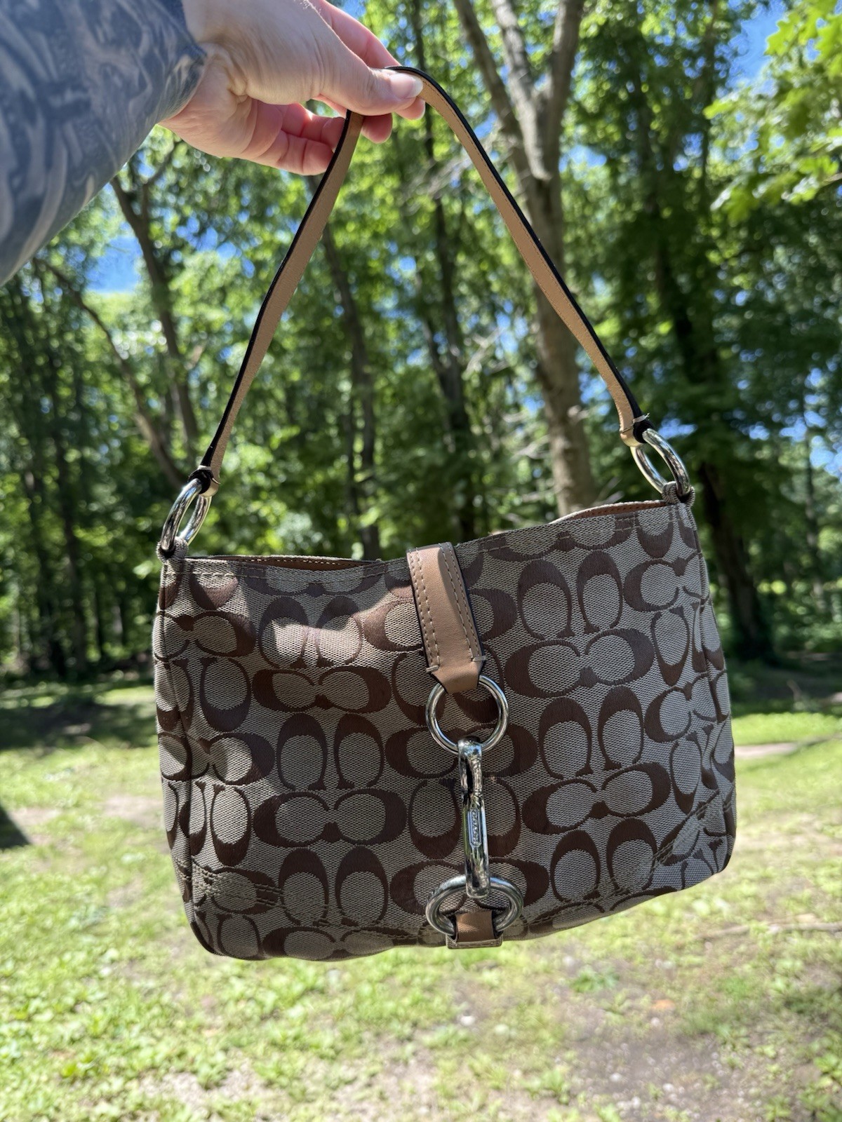 Coach Signature C Monogram Canvas Shoulder Bag Silver Clasp Y2K Brown Leather