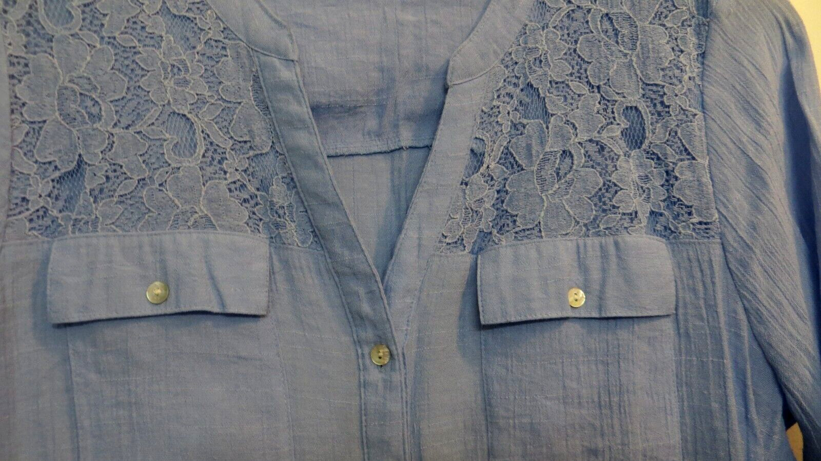 Notations Shirt Womens Large Blue Button Up 3/4 Convertible Sleeves Lace Accent