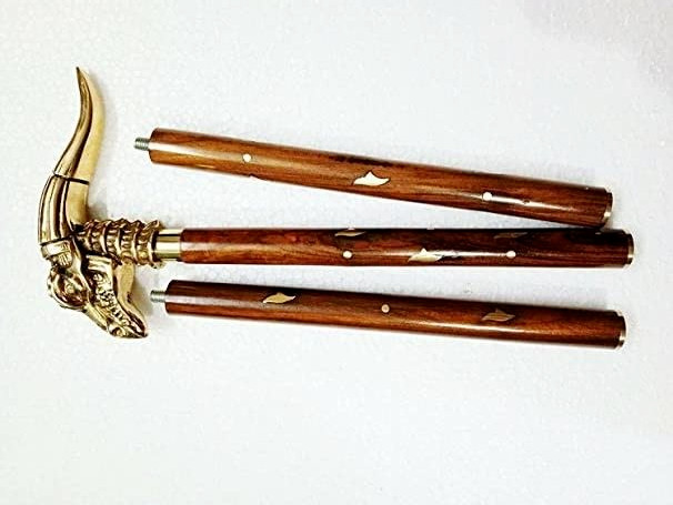 Nautical Antique Dragon Designer Handle Brass Inlay Brown Wooden Walking Stick