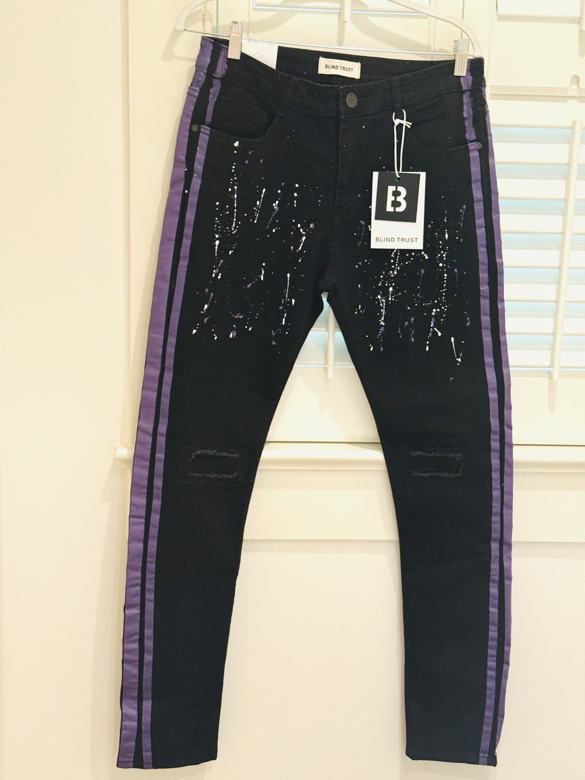 Blind Trust Mens Jeans 32×32 Black Purple Stripe Paint Splatter Streetwear NWT