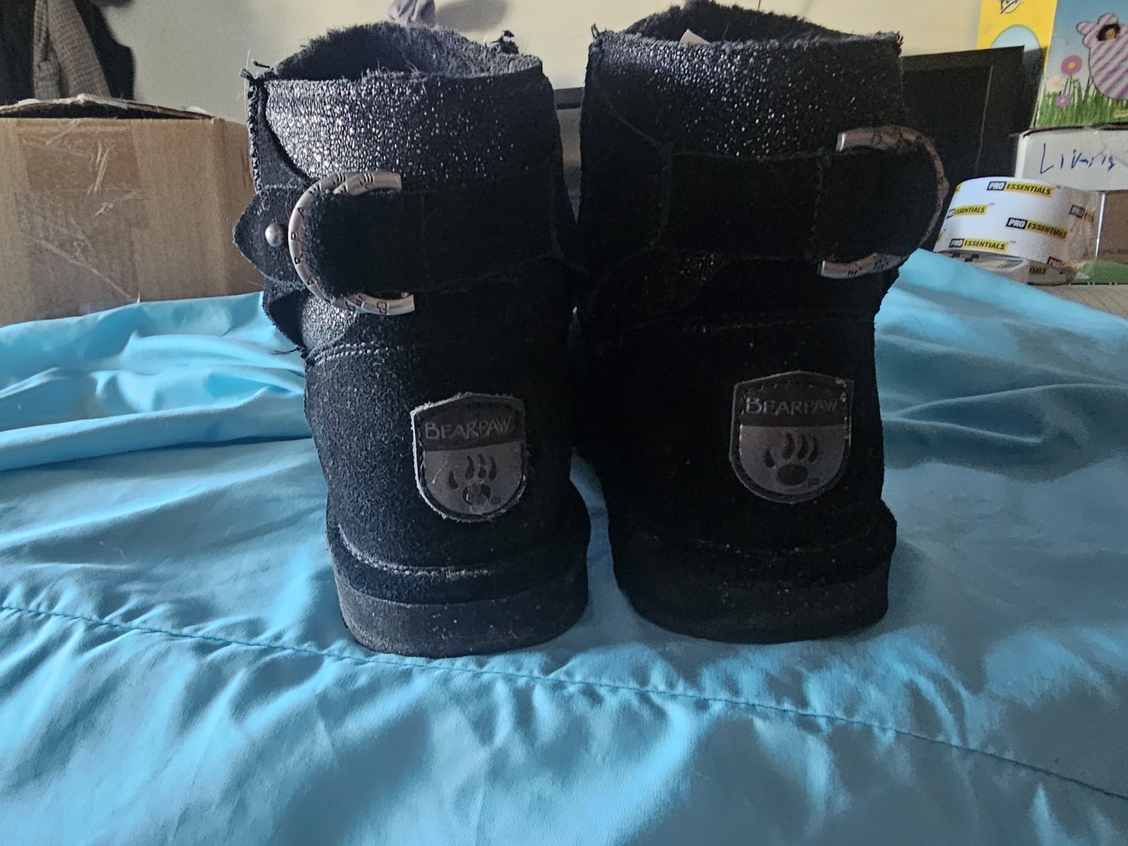 Bearpaw Black Suede Ankle Boots Faux Fur Lined Buckle Logo US 8 EU 39