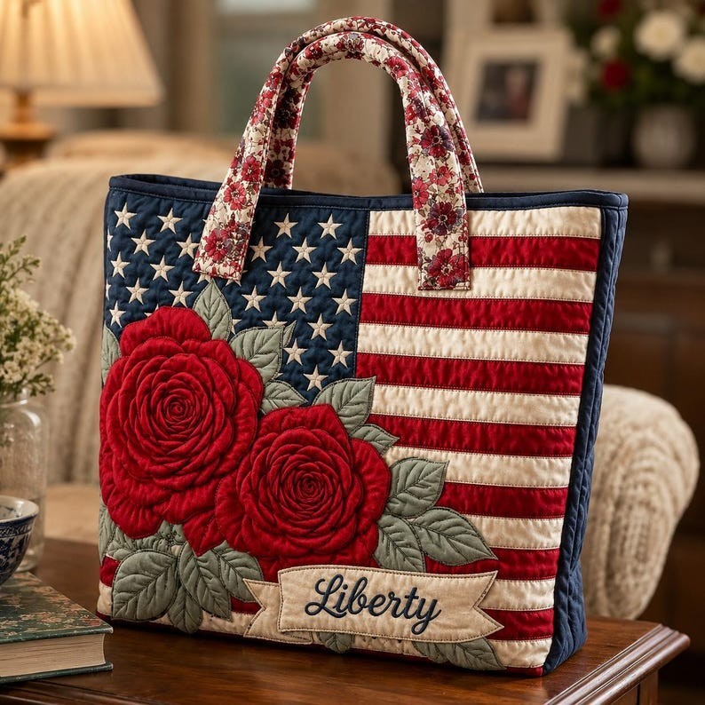 Quilted American Flag Tote Bag with Roses, Patriotic Shoulder Handbag
