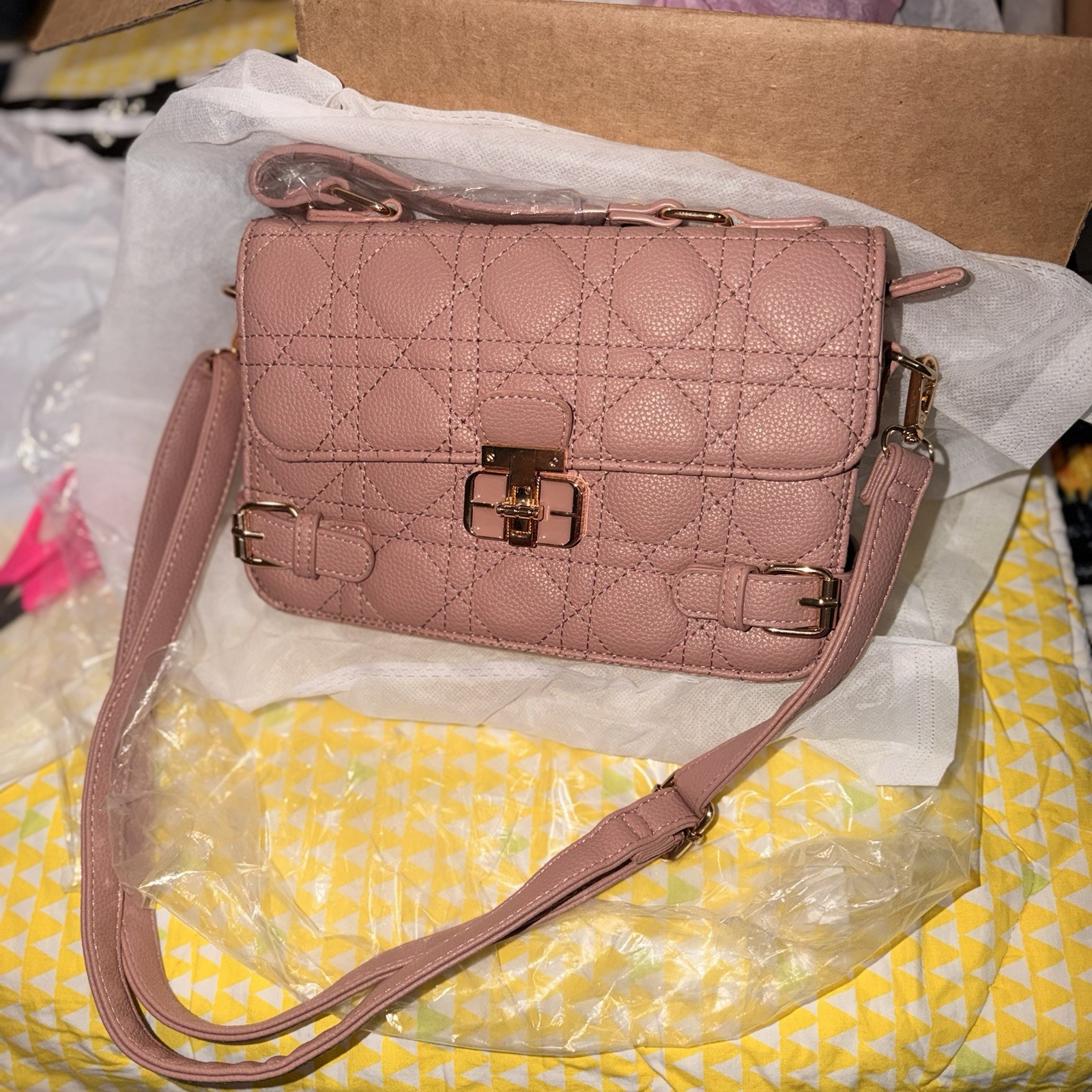 Jolene Couture Pink Quilted Satchel Top Handle Bag Buckle Accent Turn Lock
