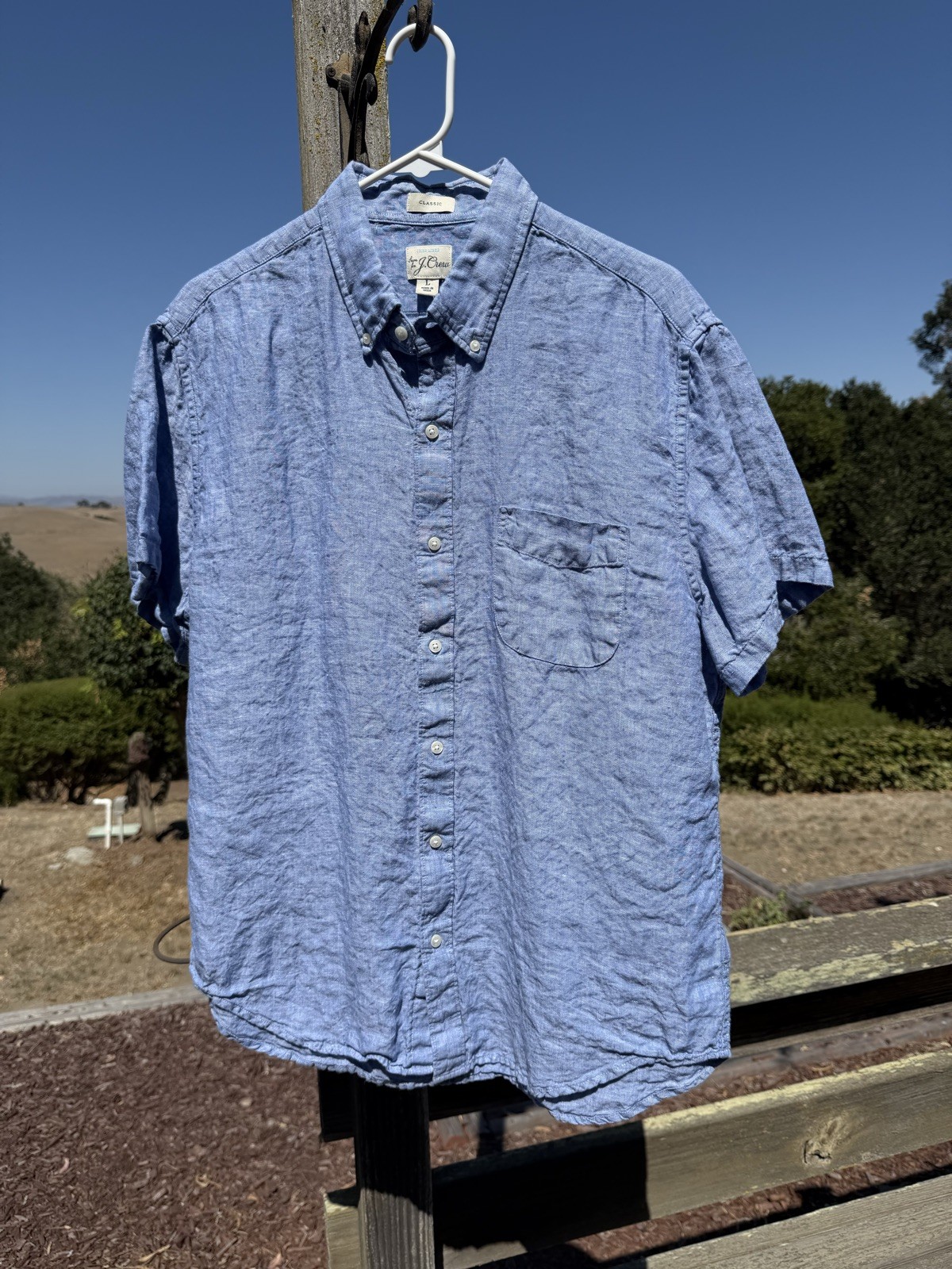 J Crew Baird McNutt Irish Linen Shirt Mens Large Blue Classic Fit Short Sleeve