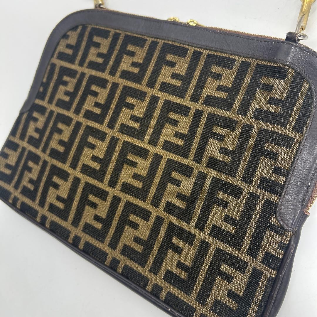 FENDI Zucca FF Shoulder Bag Ziplock Leather Canvas Brown Beige Gold #2702