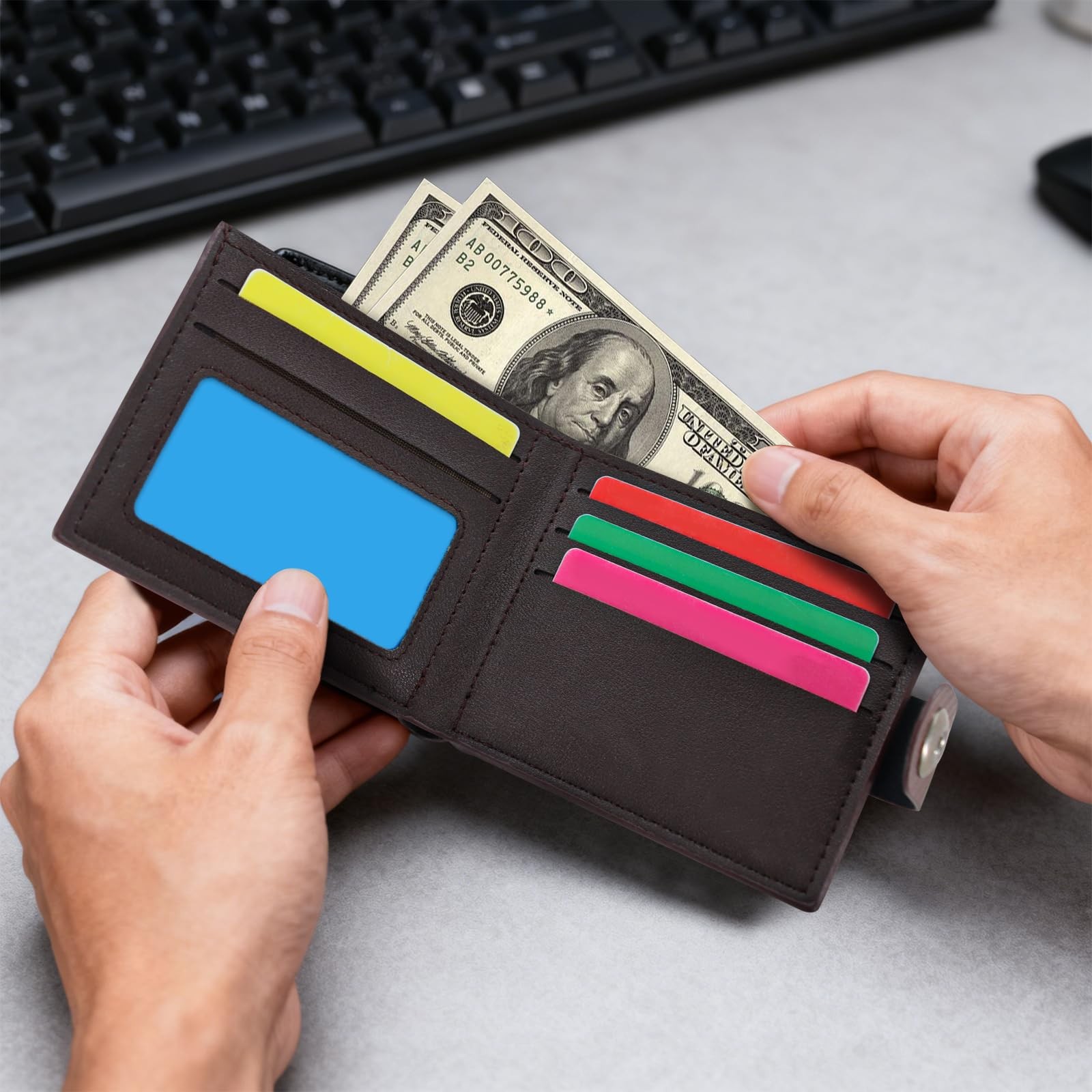 AfitLulu Slim Wallet for Men, PU Leather Bifold 4.7*3.9*0.6 inches, Coffee