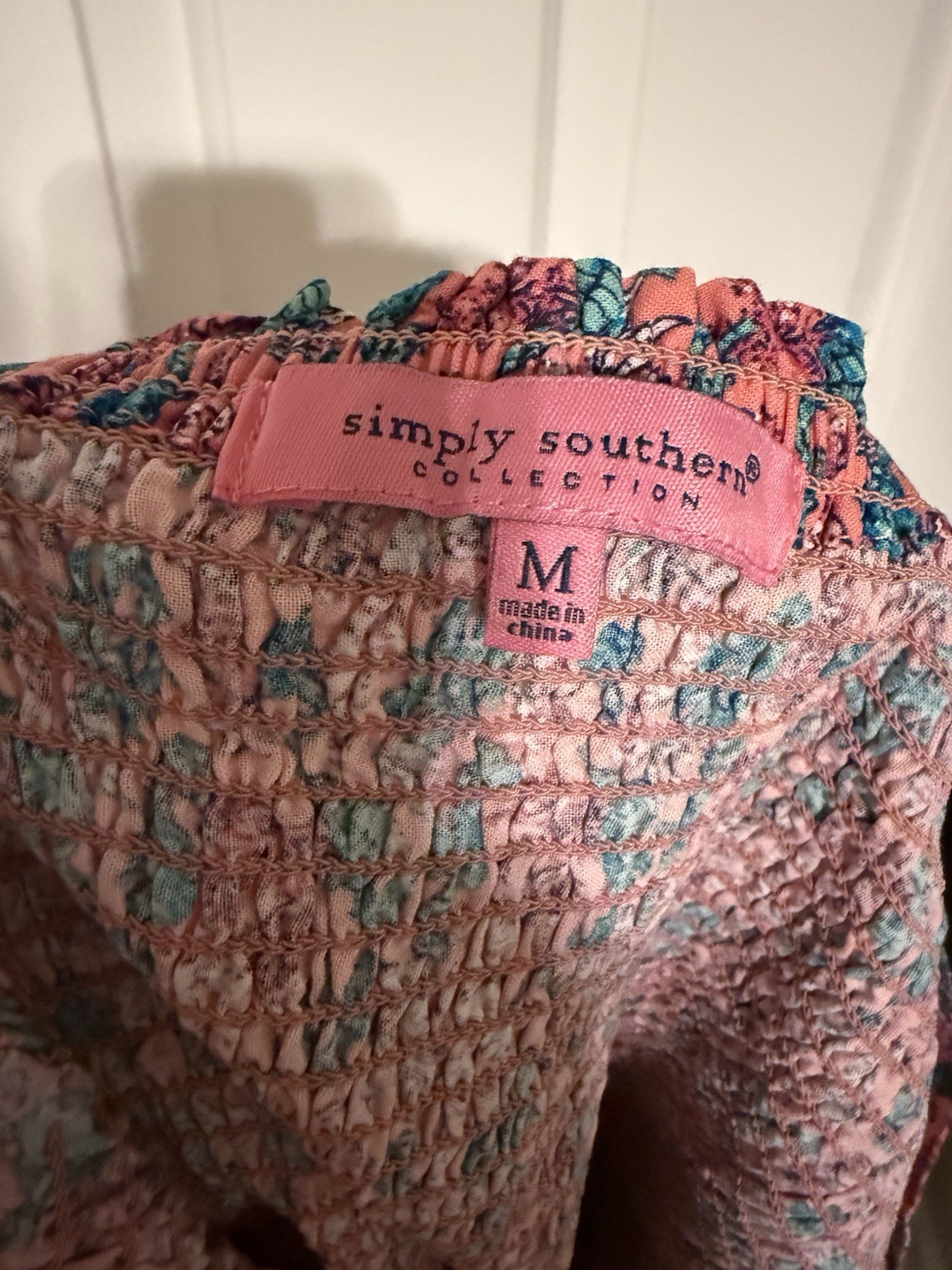 Simply Southern Smocked Seahorse Peplum Top Pink Blue Coastal Flutter Sleeve M⁠