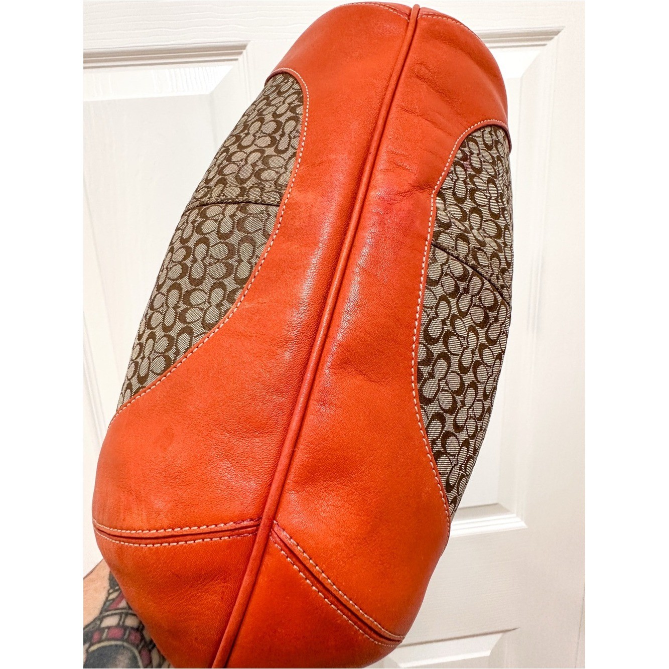 Coach Ergo Large Crescent Hobo Bag Brown Monogram Canvas Orange Leather