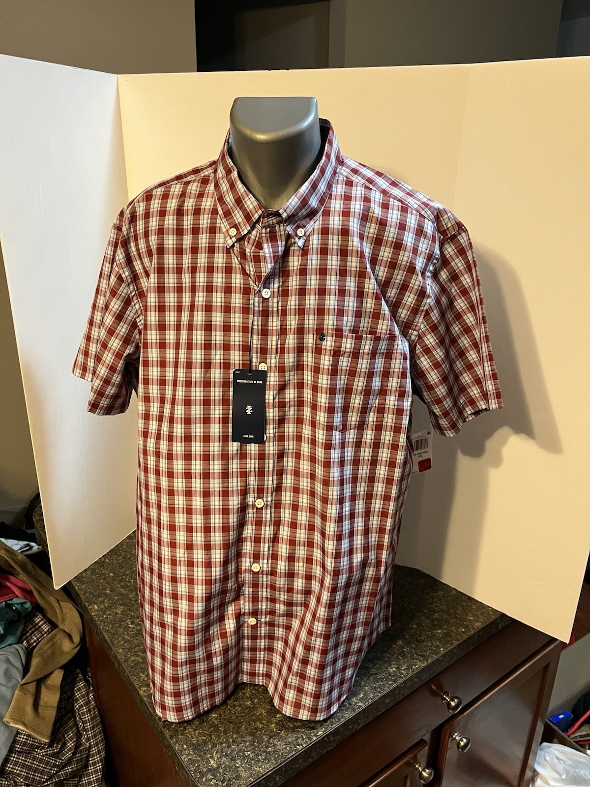 IZOD Men’s SS Button Down Breeze Shirt Red Blue Plaid XXL Cotton Poly – NWT