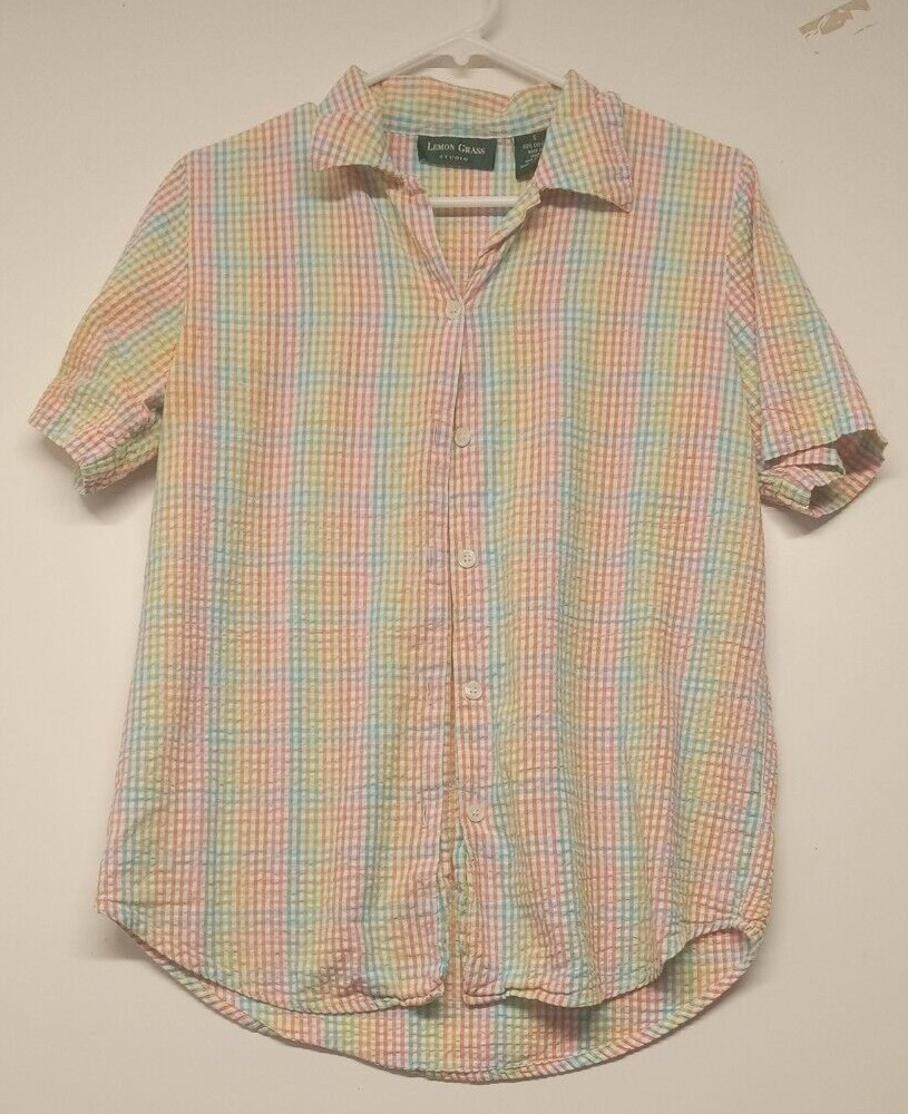 Lemon Grass Blouse Button Up Women’s Small Cotton Pastel Plaid Size Vintage Gran