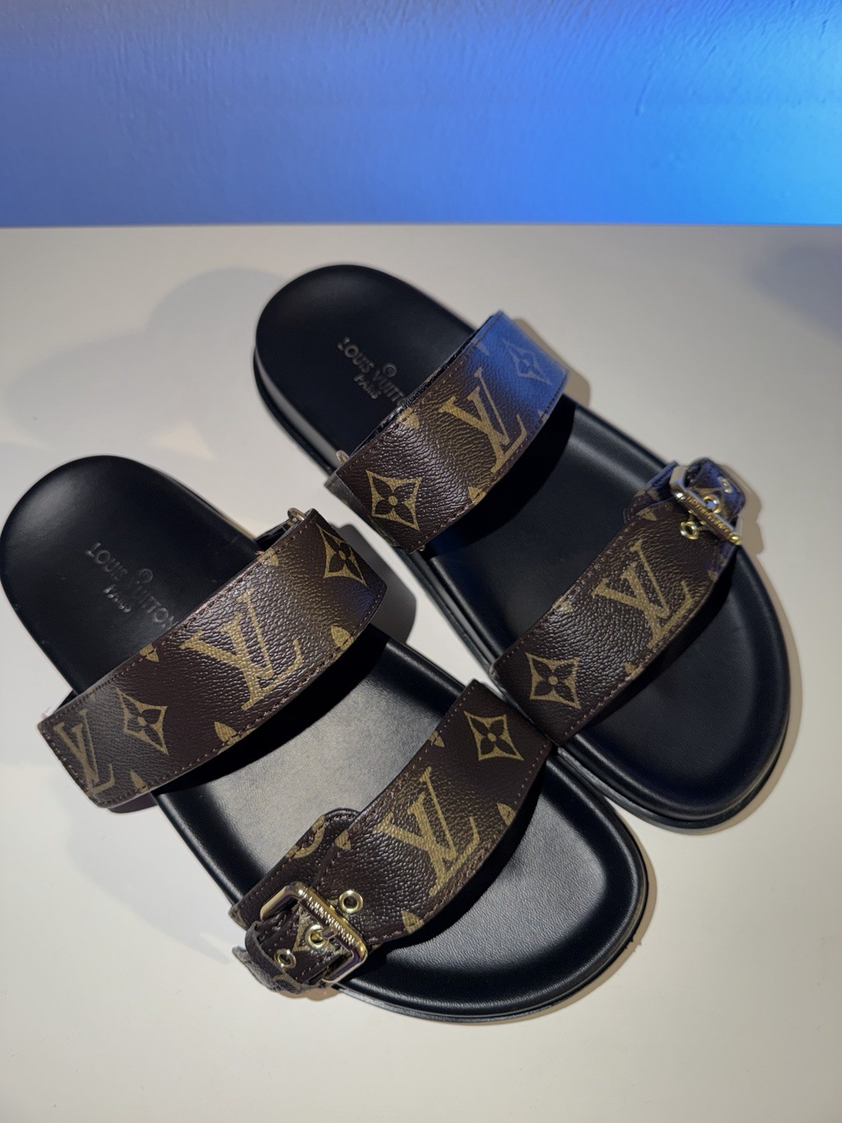 Louis Vuitton Men’s Monogram Logo Sandals Hook & Loop Strap Brown/Black 7