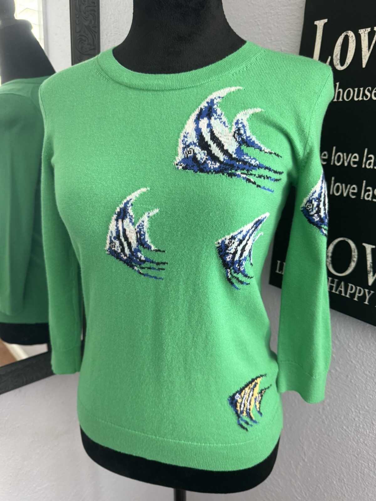 Talbot’s Petites Kelly Green Navy Angel Fish Sweater Sz P (0-2) XS Preppy Spring