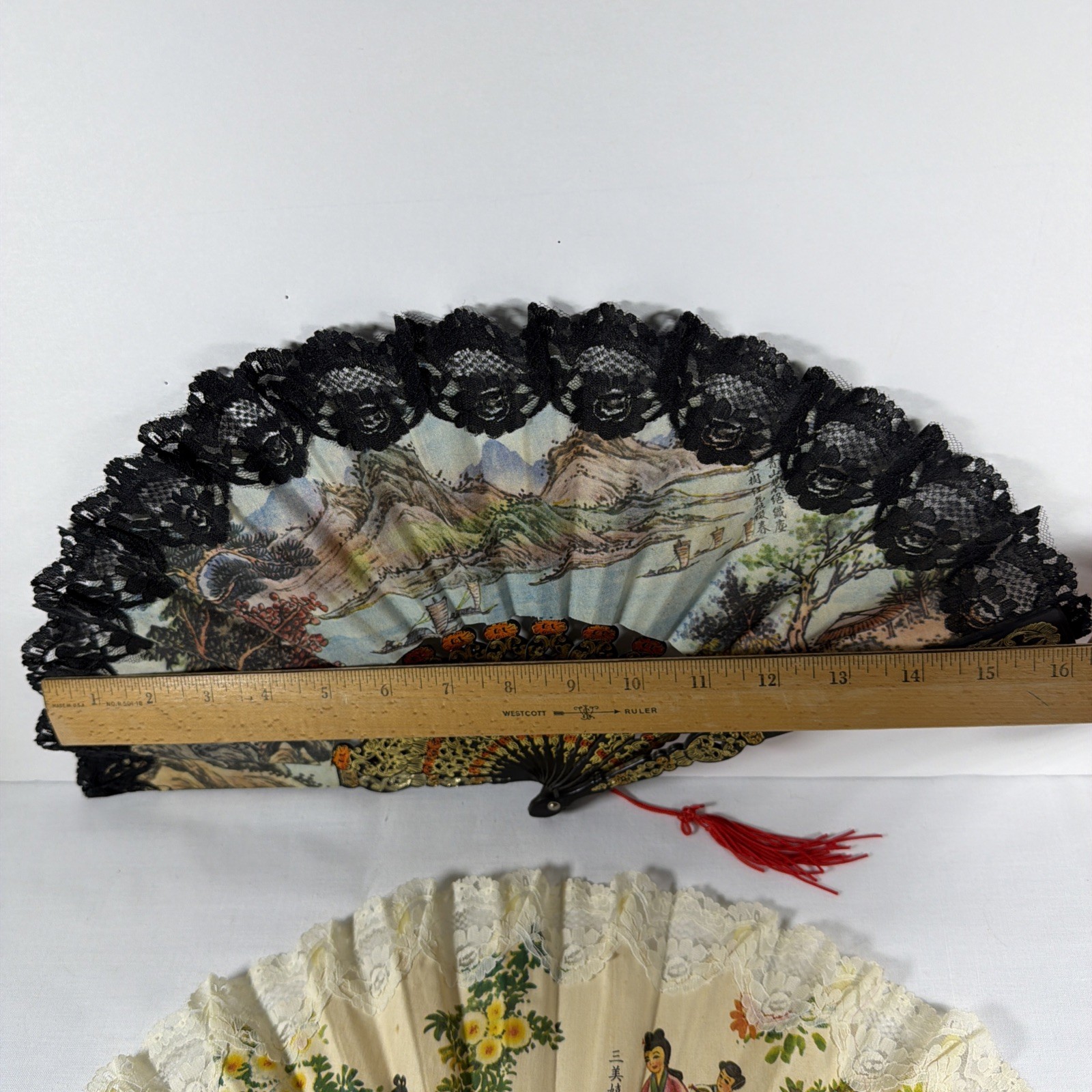 2 Vintage 1980’s Classical Scent Hand Fans fan Lace Fabric Plastic