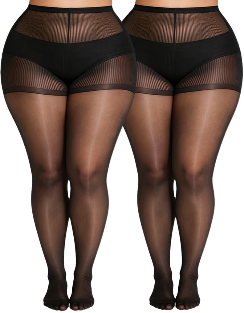 MERYLURE Plus Size 20D Sheer Control Top Tights for Women, 2 Pairs 1XL6XL