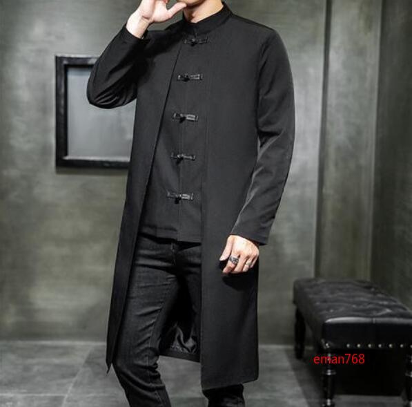 Chinese Style Tang Suit Jacket Mens Mid Long Buttons Slim Embroidery Coats Size