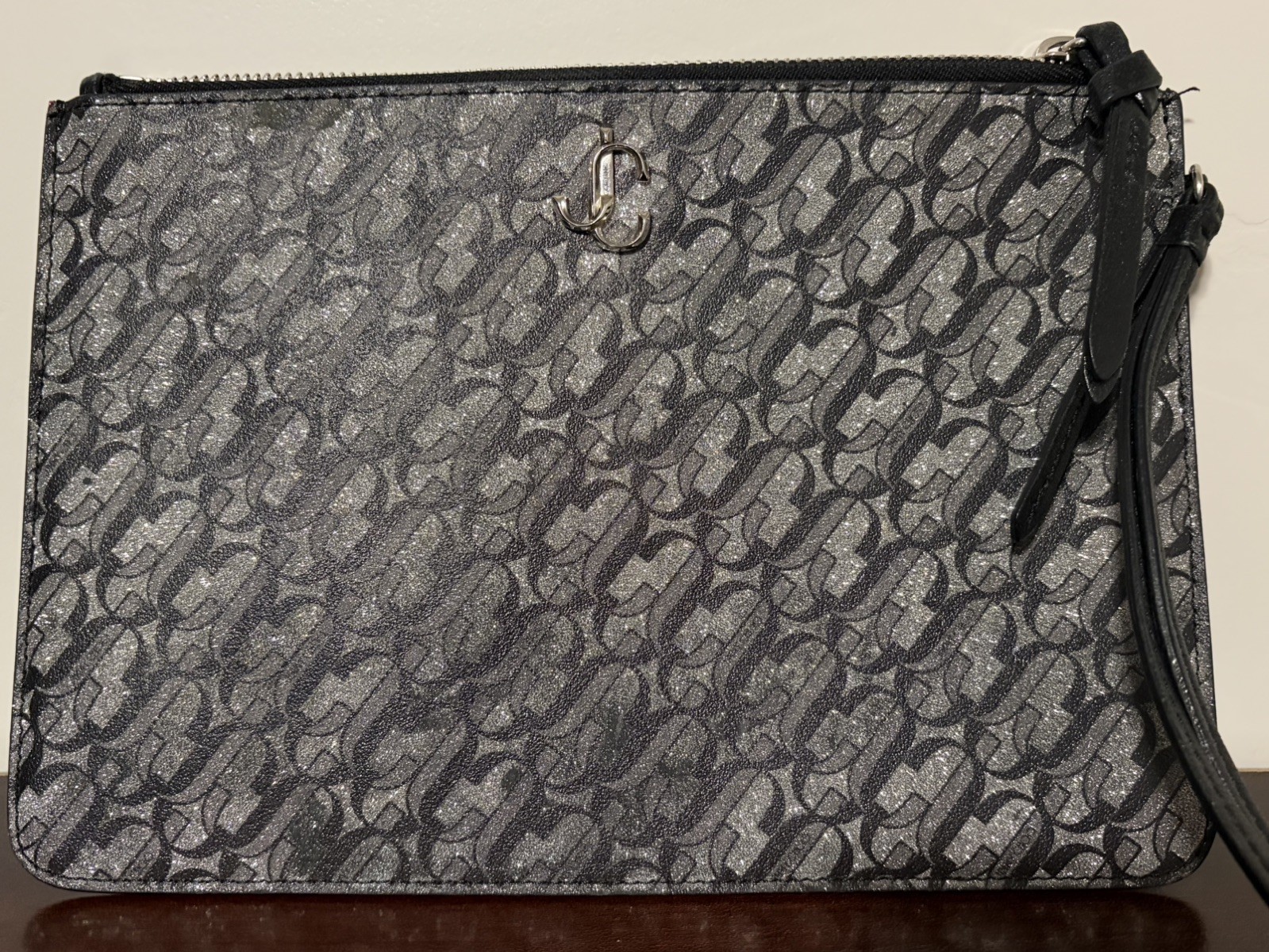 Authentic Jimmy Choo Silver Black Glitter Clutch Pouch Leather Trim Handstrap